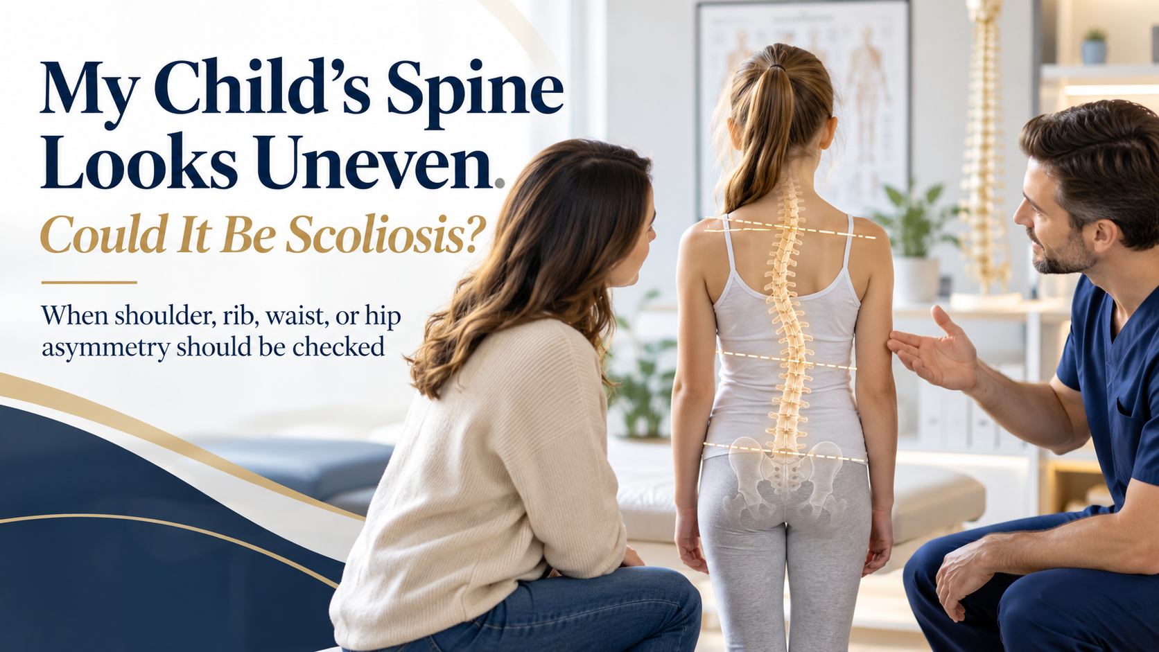 Child undergoing scoliosis posture screening for uneven shoulders, ribs, waist and hips