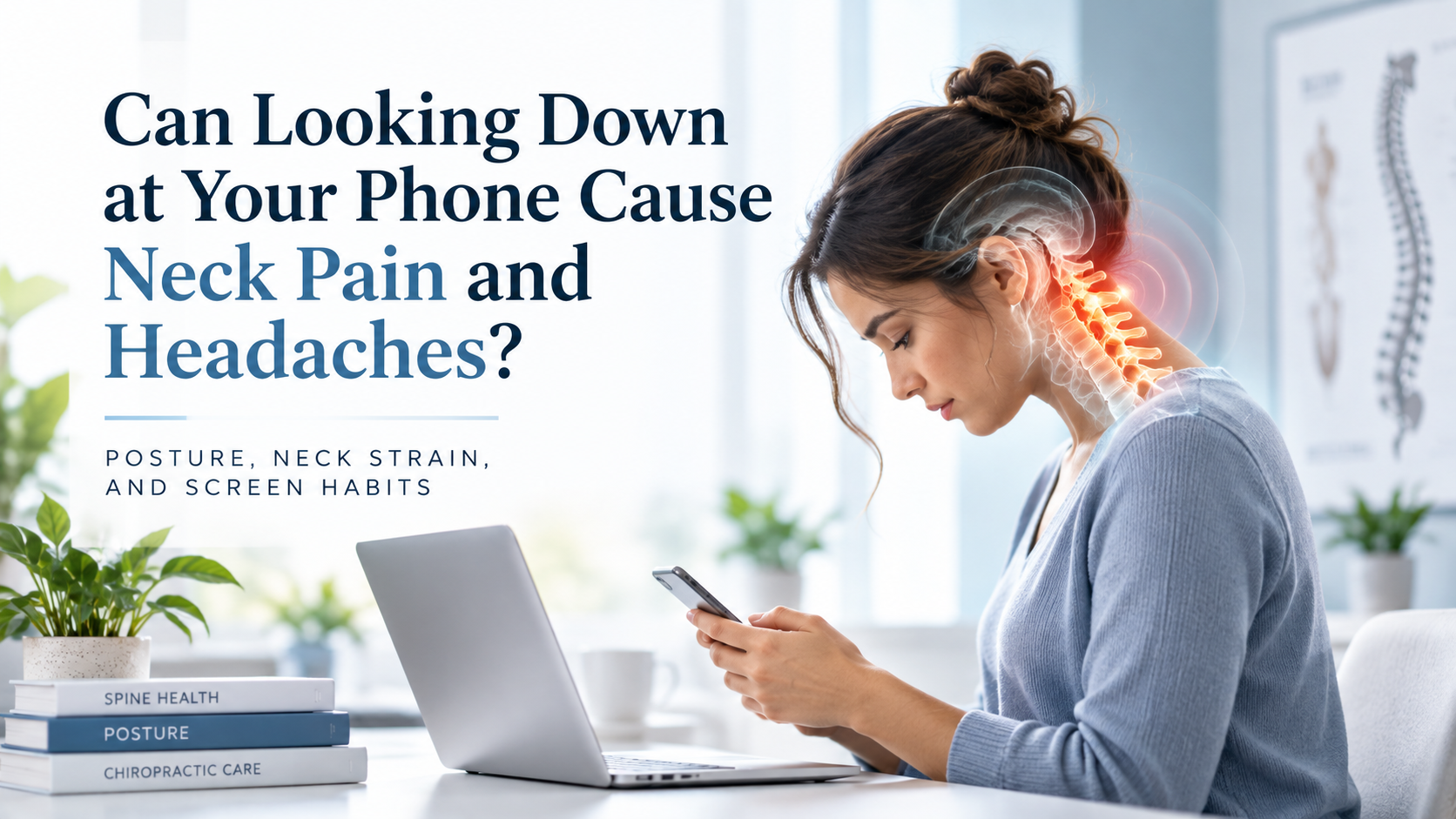 Woman looking down at a smartphone with illustrated cervical spine highlighting neck pain and headache related to prolonged screen use