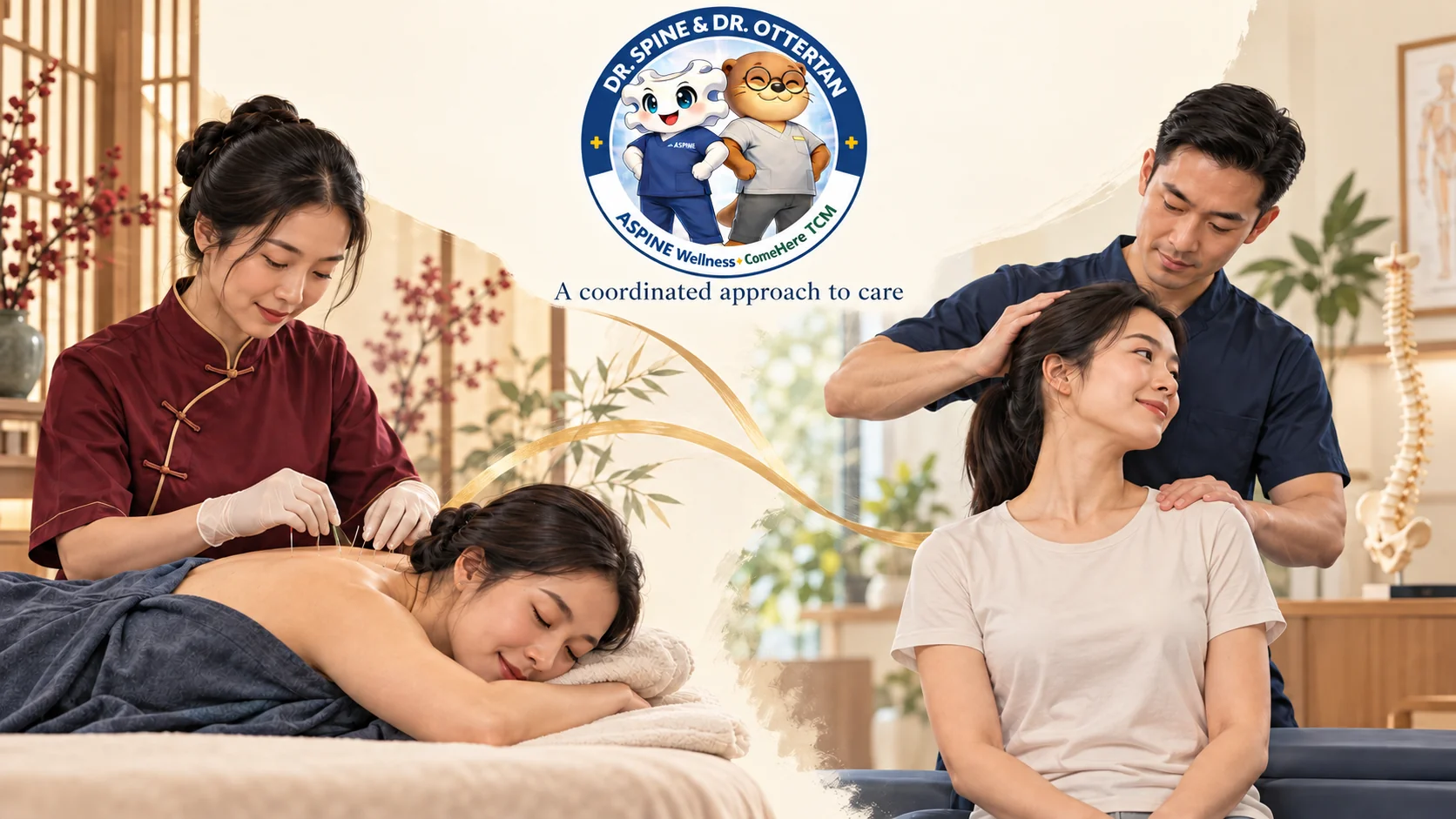 Illustration of TCM acupuncture and chiropractic assessment with the LPPL programme badge.